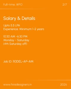 Orange poster for a full-time job: Salary & Details — up to 5.5 LPA, 1–2 years experience, 10:30 AM–6:30 PM, Monday–Saturday (4th Saturday off); Job ID 110DEL-AP-AM; www.hiredesigners.in; 2026.