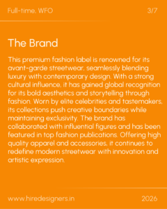 Orange poster titled 'The Brand' describing a premium fashion label blending luxury with contemporary design; footer shows site and year at bottom.
