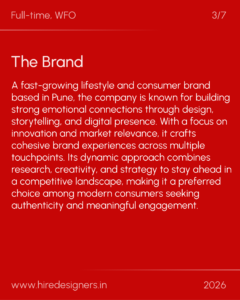 Red slide with large 'The Brand' heading and a long paragraph describing a fast-growing lifestyle brand; shows www.hire designers.in and 2026.