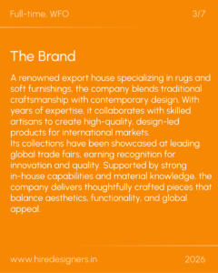 Orange background with the heading 'The Brand' and a long white paragraph describing the company's design-focused export house.