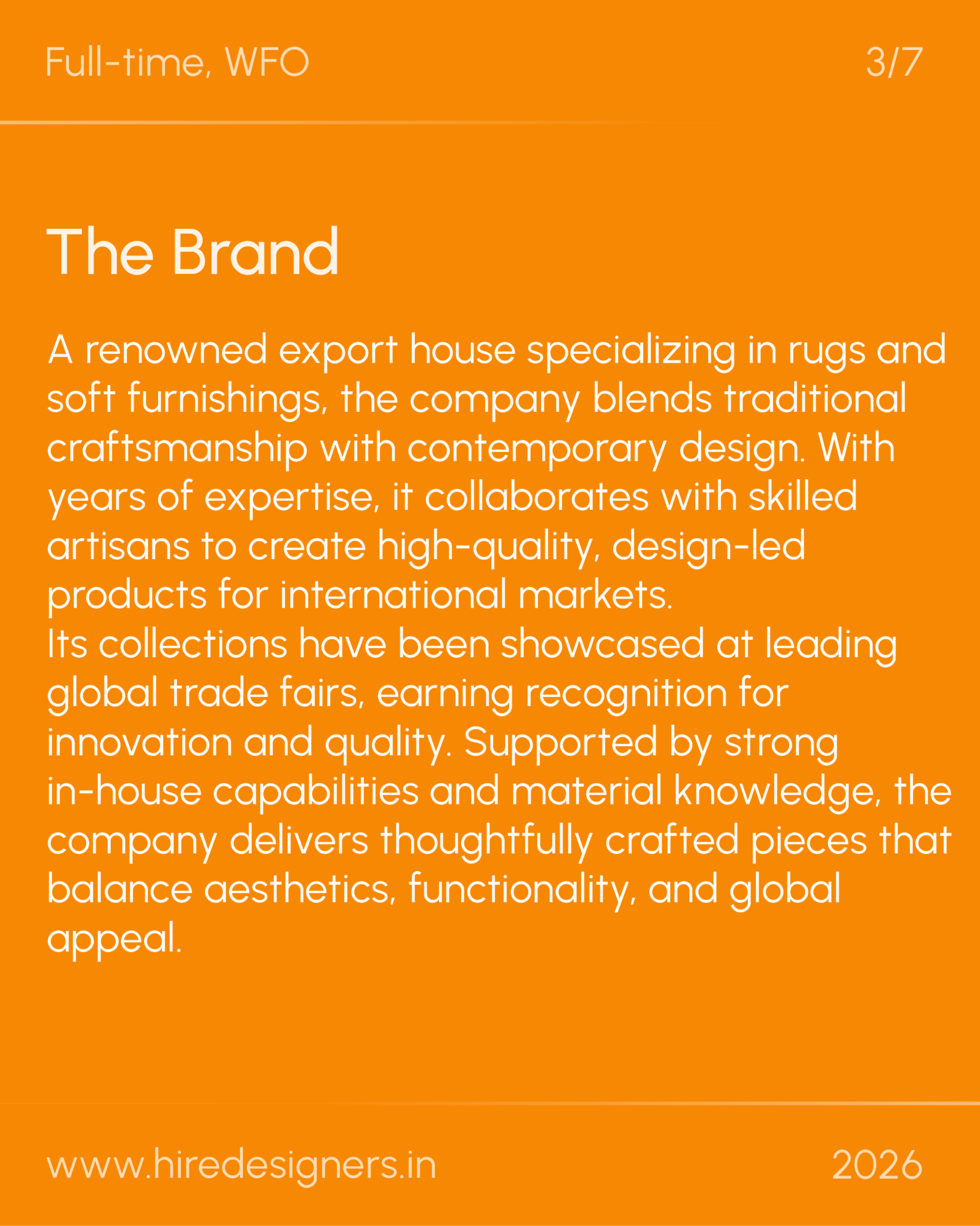 Fashion Designer-NOI_11 - Hire Designers Orange background with the heading 'The Brand' and a long white paragraph describing the company's design-focused export house.