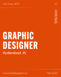 Orange recruitment poster with bold white text: 'GRAPHIC DESIGNER' (large) and 'Full-time, WFO' (top left), 'HIRING' vertical on the right, plus 'Hyderabad, IN', the website 'www.hiredesigners.in' and date 'Feb 2026' at the bottom.