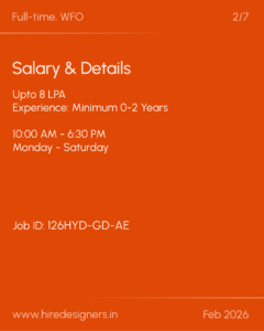 Job posting on an orange background: 'Full-time, WFO' with 'Salary & Details' showing up to 8 LPA, experience 0-2 years, 10:00 AM–6:30 PM, Monday–Saturday, Job ID: 126HYD-GD-AE, www.hiredesigners.in, Feb 2026.