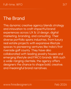 Orange slide with the title 'The Brand' and a long white paragraph about a dynamic creative agency; top left 'Full-time, WFO' and top right '3/7' as slide indicators.