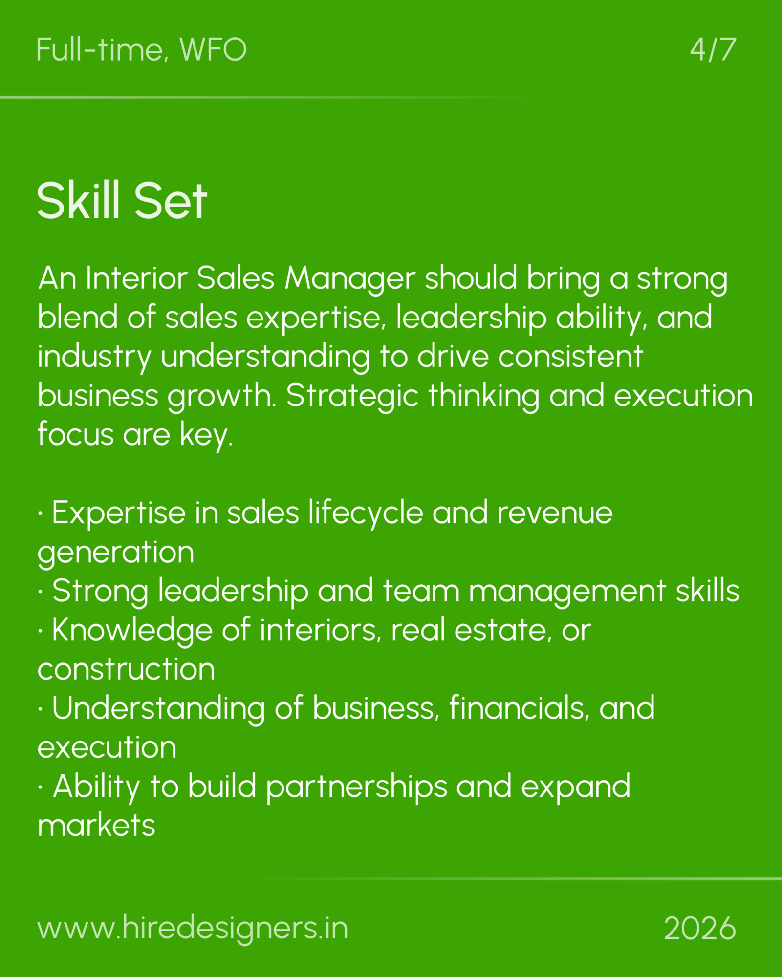 Interior Design Sales Manager-FBD_20 - Hire Designers Green slide titled 'Skill Set' listing required skills for an Interior Sales Manager, including sales lifecycle expertise, leadership, and market knowledge.
