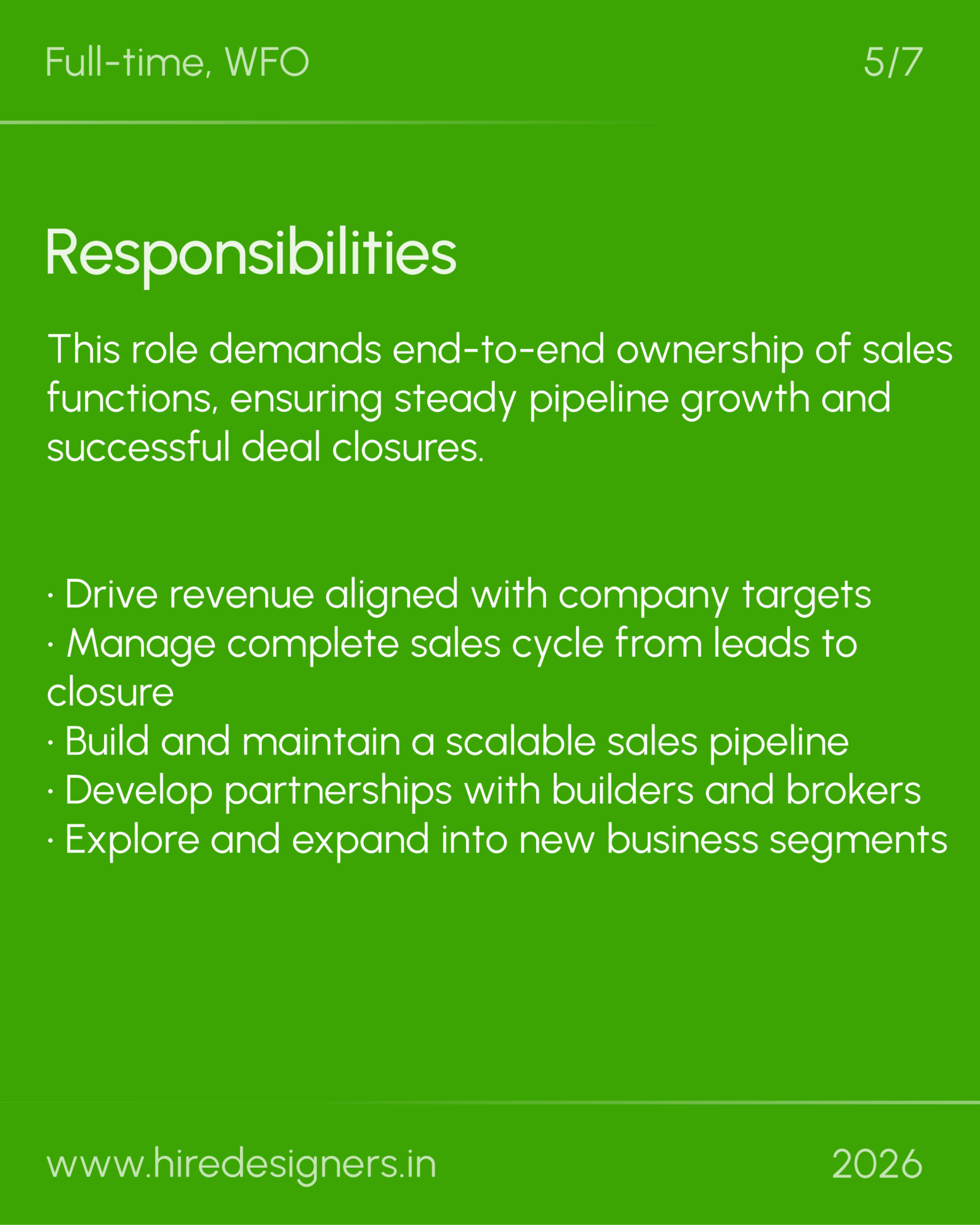 Interior Design Sales Manager-FBD_21 - Hire Designers Green infographic slide titled 'Responsibilities' with a large bullet list about sales functions and pipeline management; bottom shows a URL and '2026' date.