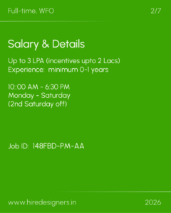 Green poster titled 'Salary & Details' for Full-time, WFO. Shows pay details: Up to 3 LPA (incentives up to 2 Lacs), experience 0-1 years. Working hours 10:00 AM - 6:30 PM, Monday-Saturday (2nd Saturday off). Job ID: 148FBD-PM-AA.