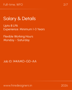 Job posting slide: Full-time, WFO. Salary up to 8 LPA; experience 1–3 years; flexible hours, Monday–Saturday. Job ID 144AMD-GD-AA; www.hiredesigners.in. 2/7