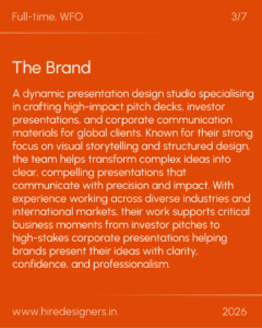 Slide 3 of 7 on a bold orange background; large heading 'The Brand' with a long white paragraph about a dynamic presentation design studio, plus bottom text 'www.hiredesigners.in' and '2026'