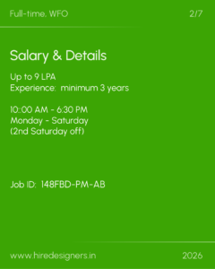 Green poster listing job details: Salary up to 9 LPA, experience minimum 3 years, hours 10:00 AM–6:30 PM, Mon–Sat (2nd Sat off).