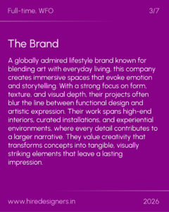 Slide titled The Brand on a purple background with a large introductory paragraph about a lifestyle brand and its design focus. The footer shows the website and year 2026.