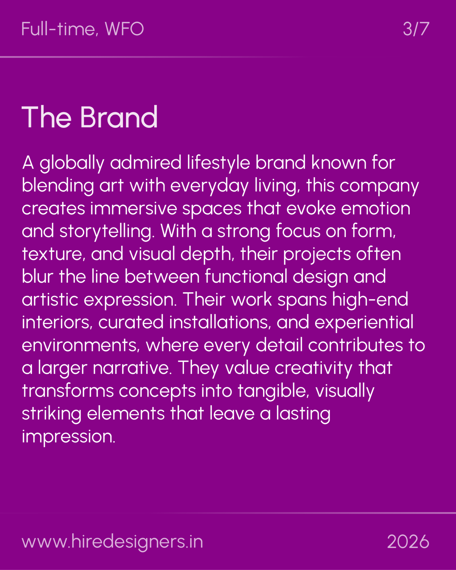 Sculptural Designer-MGL_3 - Hire Designers Slide titled The Brand on a purple background with a large introductory paragraph about a lifestyle brand and its design focus. The footer shows the website and year 2026.