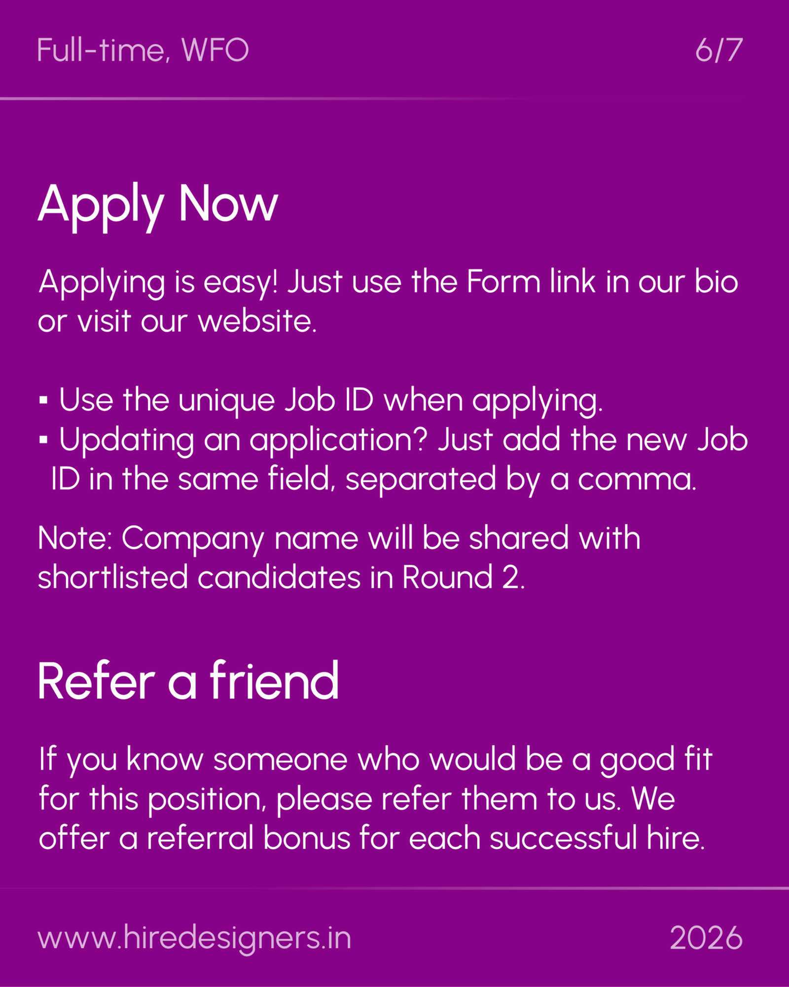 Sculptural Designer-MGL_6 - Hire Designers Purple job advertisement poster with 'Apply Now' headline and guidance to apply via form or website; includes 6/7 and 2026 markers.