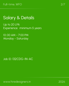 Green job posting: Salary up to 20 LPA, experience required minimum 5 years, hours 10:00 AM–7:00 PM, Job ID 132CDG-IN-AC, www.hiredesigners.in, 2026
