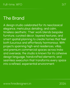 Green slide with the heading 'The Brand' and a long descriptive paragraph about a design studio; footer shows the URL and year 2026.