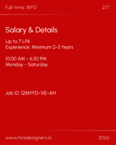Red job-post banner showing 'Full-time, WFO' and 'Salary & Details'; lists up to 7 LPA, experience 2–3 years, hours 10:00 AM–6:30 PM, Monday–Saturday; includes Job ID 126HYD-VE-AH and site www.hiredesigners.in (2026).