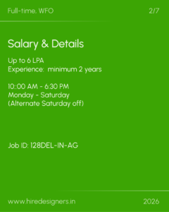 Green job poster: Salary & Details; Up to 6 LPA, 2+ years experience, 10:00 AM–6:30 PM, Mon–Sat (alternate Saturday off), Job ID 128DEL-IN-AG, www.hiredesigners.in, 2026.