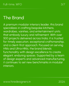 Slide showing the brand description on a bright green background with white large typography reading 'The Brand' and a long paragraph about premium modular interiors.