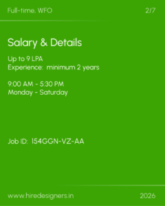 Green job poster: Full-time WFO, salary up to 9 LPA, 2+ years experience, 9:00 AM–5:30 PM, Monday–Saturday, Job ID 154GGN-VZ-AA.