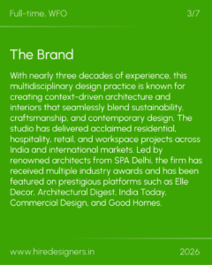 Green slide with the heading 'The Brand' and a long descriptive paragraph about a design studio; includes page 3/7 and the site URL at the bottom.