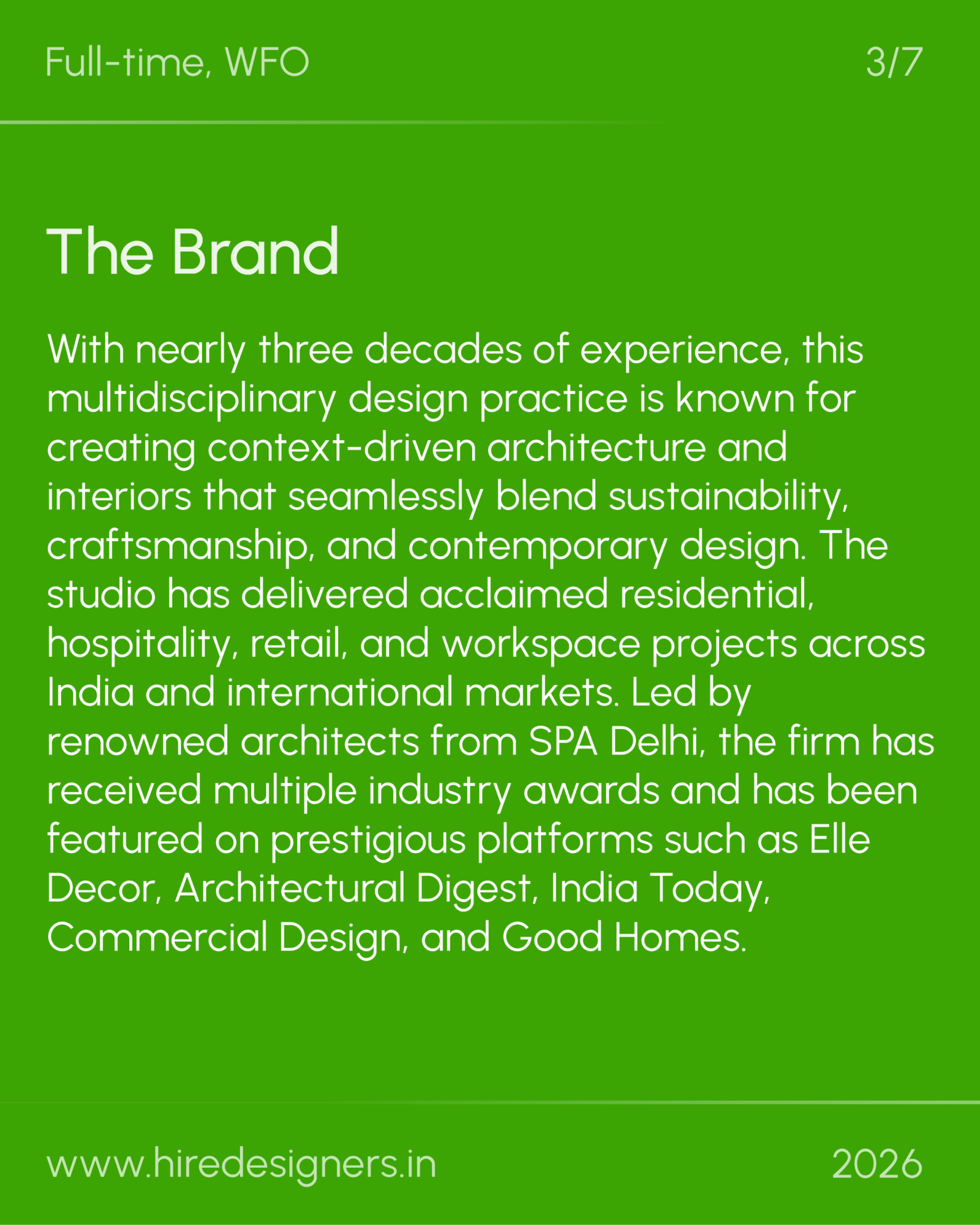 3D Visualiser-GGN_19 - Hire Designers Green slide with the heading 'The Brand' and a long descriptive paragraph about a design studio; includes page 3/7 and the site URL at the bottom.