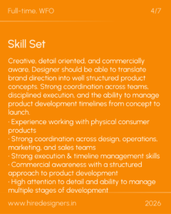 Orange poster with the heading 'Skill Set' and a long bullet/paragraph list of required skills; includes 'Full-time, WFO' and '4/7' at the top corners.