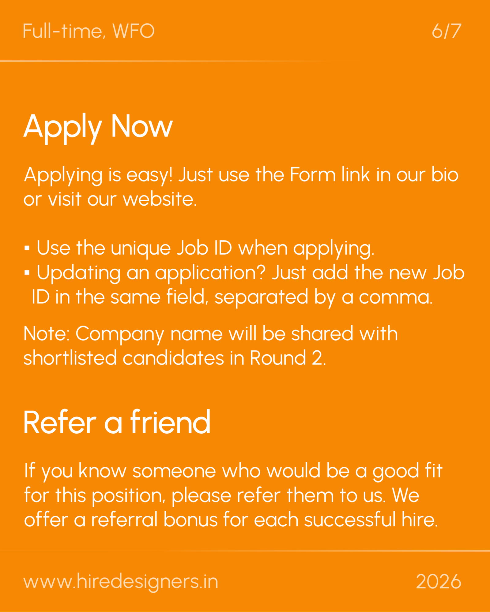 Accessory Designer-DEL_14 - Hire Designers Orange recruitment poster with a bold white 'Refer a friend' headline and the site URL, signaling a referral program (2026).