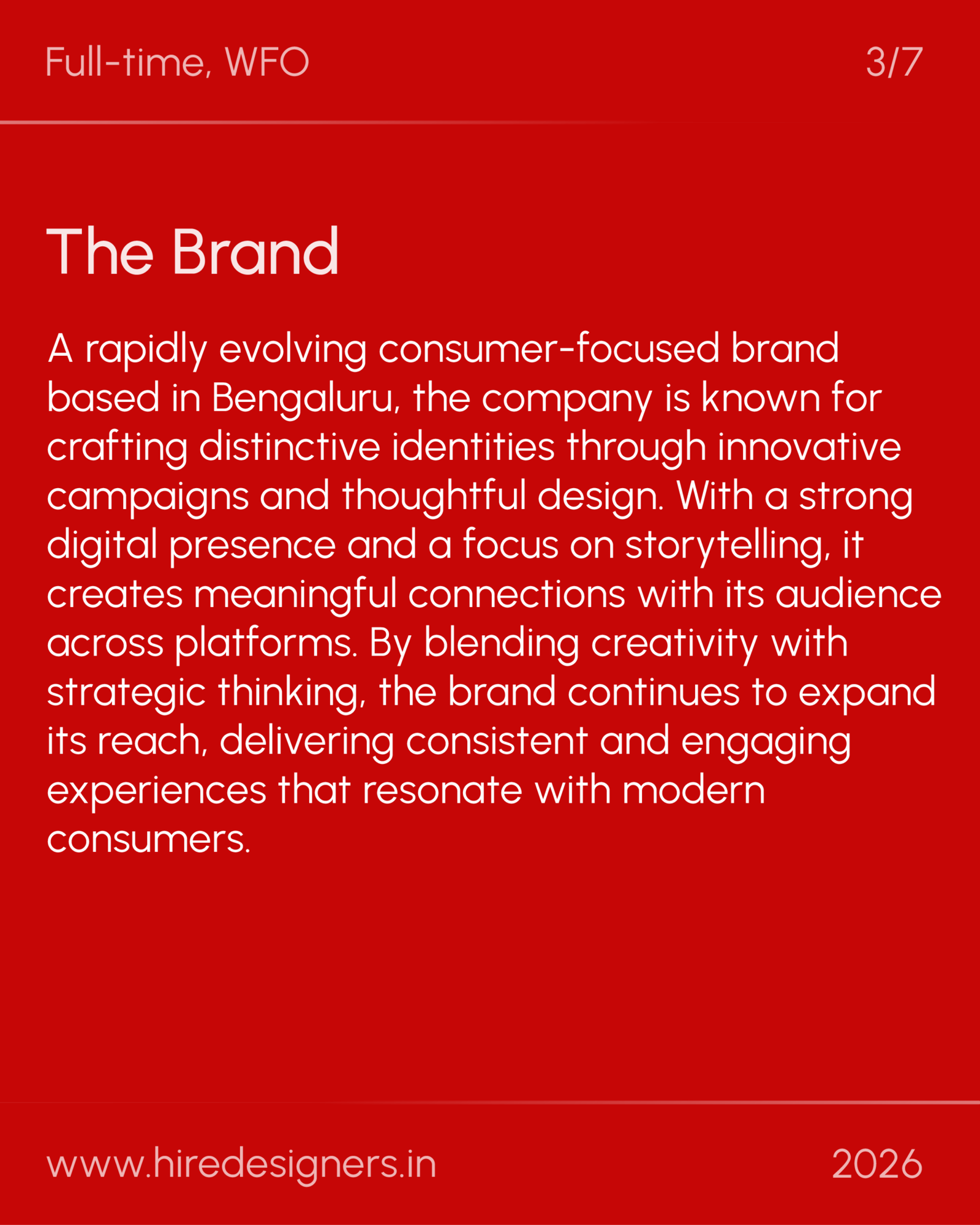 Brand manager-HYD_35 - Hire Designers Red poster with the heading 'The Brand' and a long white paragraph about a consumer-focused brand; bottom shows www.hireddesigners.in and 2026.