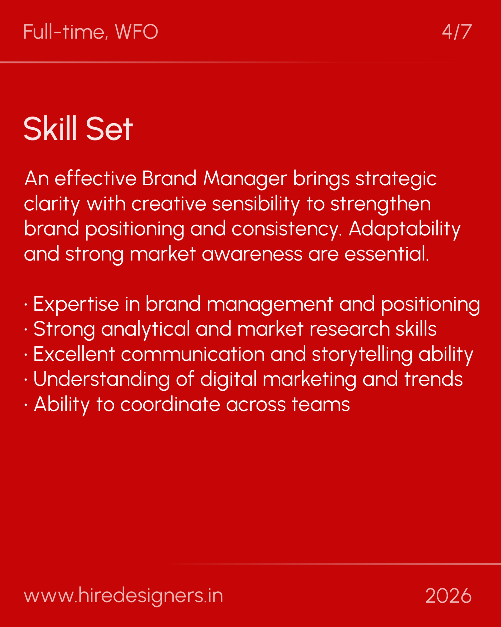 Brand manager-HYD_36 - Hire Designers Red infographic with a large 'Skill Set' heading and bullet points about brand management, positioning, and market research skills on a red background.