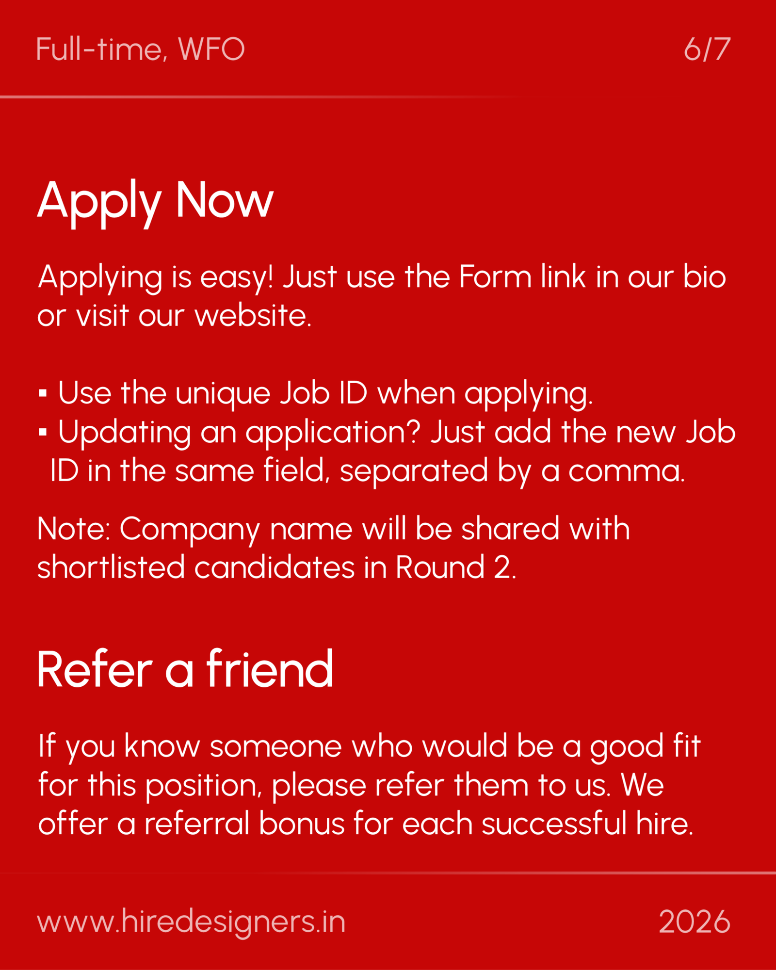 Brand manager-HYD_38 - Hire Designers Red poster-style layout with white text: big 'Apply Now' heading, bullet-style recruitment notes, and smaller lines like 'Full-time, WFO' (top left) and '6/7' (top right); bottom shows 'Refer a friend' and a URL with year 2026.