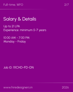 Purple slide with a job posting: 'Salary & Details', 'Up to 21 LPA', 5–7 years experience, 10:00 AM–7:00 PM, Monday–Friday; Job ID 111CHD-FD-DN; website www.hiredesigners.in; year 2026; shows Full-time, WFO