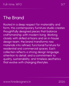 Purple slide with header 'Full-time, WFO' and slide number 3/7; large 'The Brand' title and a long descriptive paragraph about a furniture studio on white text.