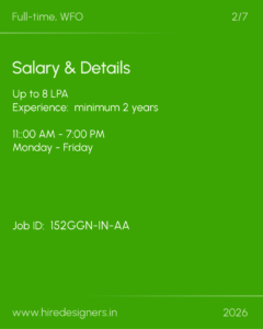 Job posting poster: Full-time WFO with salary up to 8 LPA, 2+ years experience, hours 11:00 AM–7:00 PM, Mon–Fri, Job ID 152GGN-IN-AA