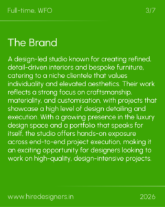 Green hero slide with the heading 'The Brand' and a long descriptive paragraph about a design-led studio; bottom shows 'www.hiredesigners.in' and '2026'.