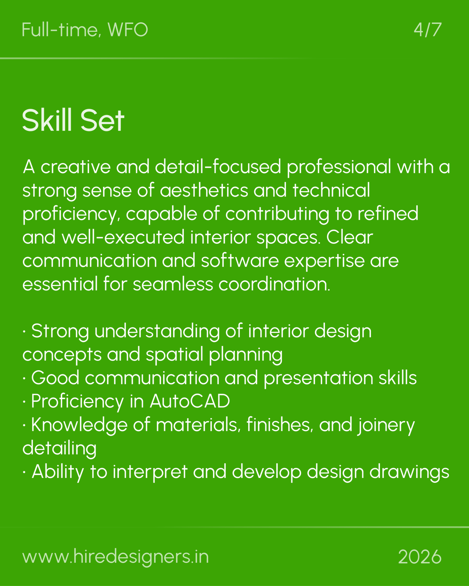 Interior Designer-GGn_20 - Hire Designers Green resume page section titled 'Skill Set' with dense white text and bullet points on a bright background.