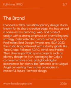 Orange hero slide with large 'The Brand' heading and a long descriptive paragraph about the studio; bottom shows the URL and year 2026.