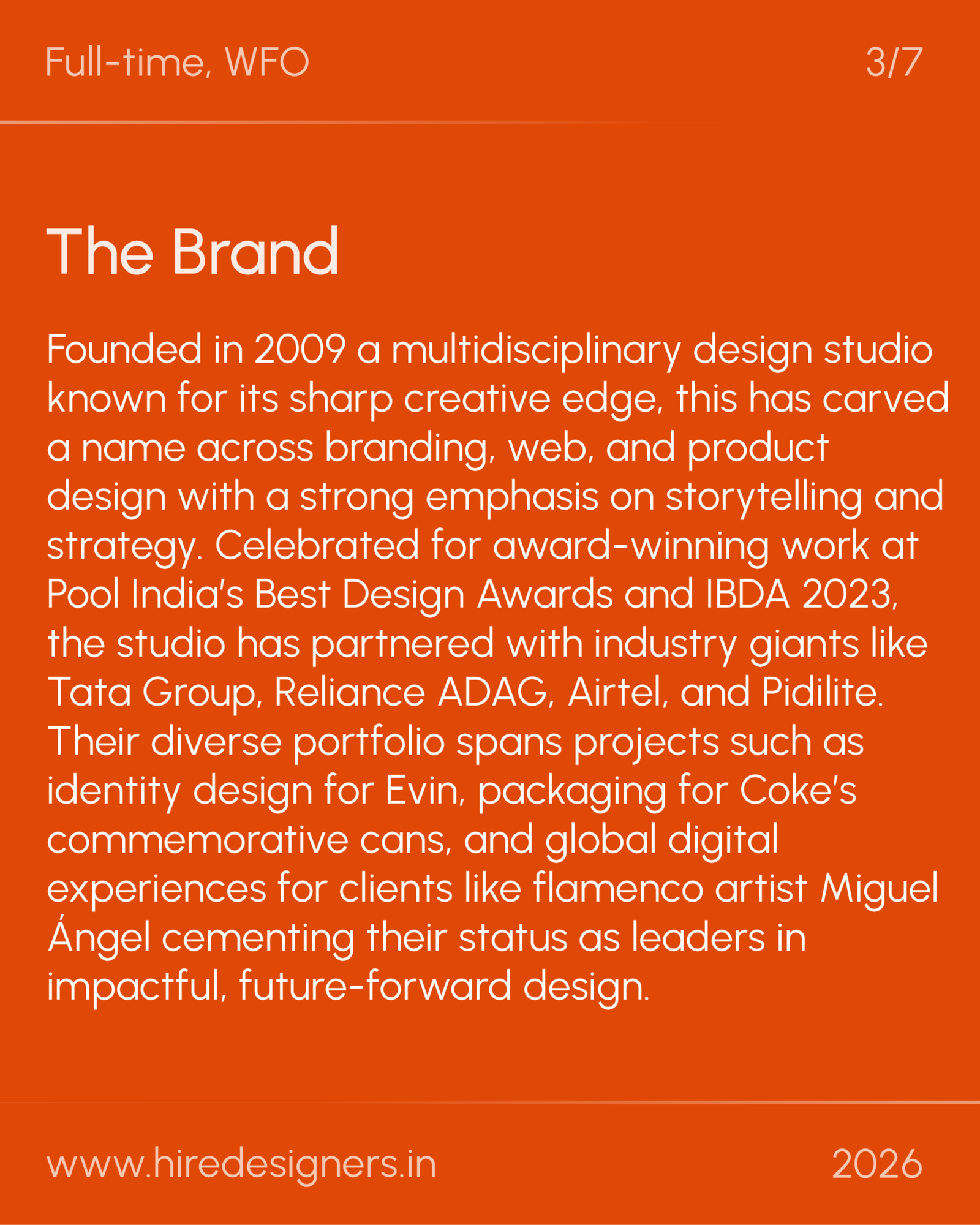 Orange hero slide with large 'The Brand' heading and a long descriptive paragraph about the studio; bottom shows the URL and year 2026.