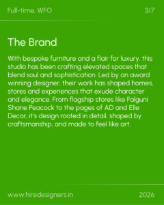 Green slide with large 'The Brand' heading and a long paragraph on a bright green background; footer shows the URL www.hiredesigners.in and '2026'.