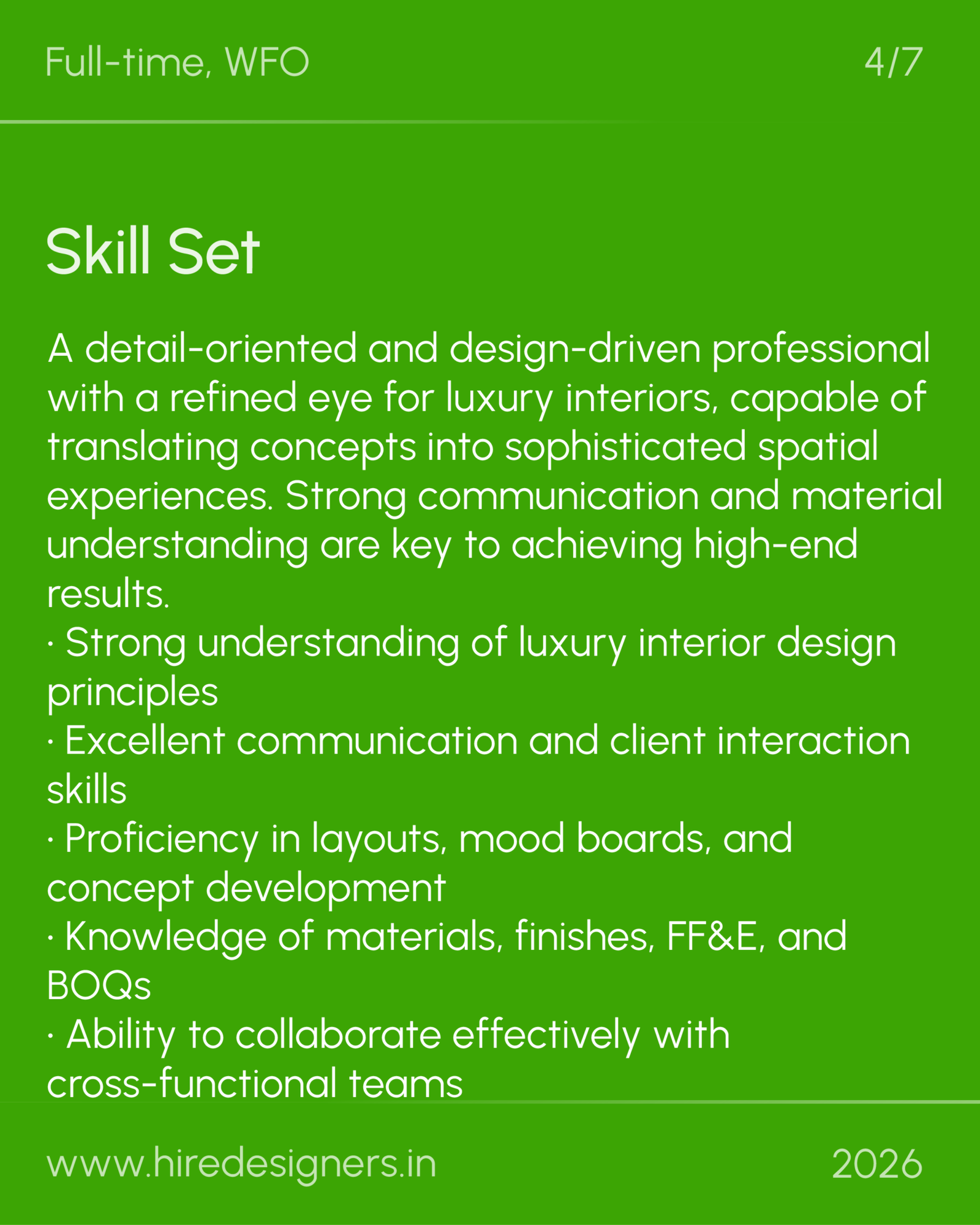 Mid Level Interior Designer-Mum_20 - Hire Designers Green background with a large 'Skill Set' heading and a long bullet list of professional skills in white text.