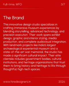 Red hero page with large white heading 'The Brand' and a long paragraph describing a design studio; top-left reads 'Full-time, WFO' and top-right shows '3/7'.