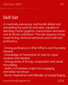 Red poster titled 'Skill Set' on a solid red background, listing a 2D animator's skills, tools (After Effects, Procreate), and related capabilities, with a website and year at the bottom.