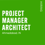 Green poster announcing a full-time, WFO project manager role in Ahmedabad, India, with website www.hiredesigners.in and year 2026.