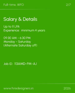 Green slide titled Salary & Details with job details (salary, experience, hours) for a full‑time position - slide 2/7.