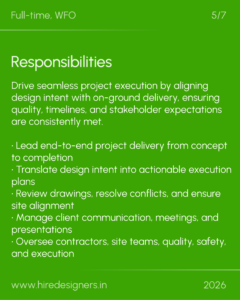 Slide titled 'Responsibilities' on a bright green background with a bulleted list of project-delivery responsibilities and a footer showing www.hired designers.in and 2026.
