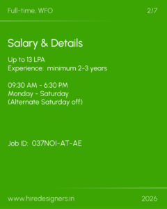 Job posting slide: salary up to 13 LPA, 2–3 years’ experience, hours 9:30 AM–6:30 PM, Job ID 037NOI-AT-AE, site www.hiredesigners.in (2026)