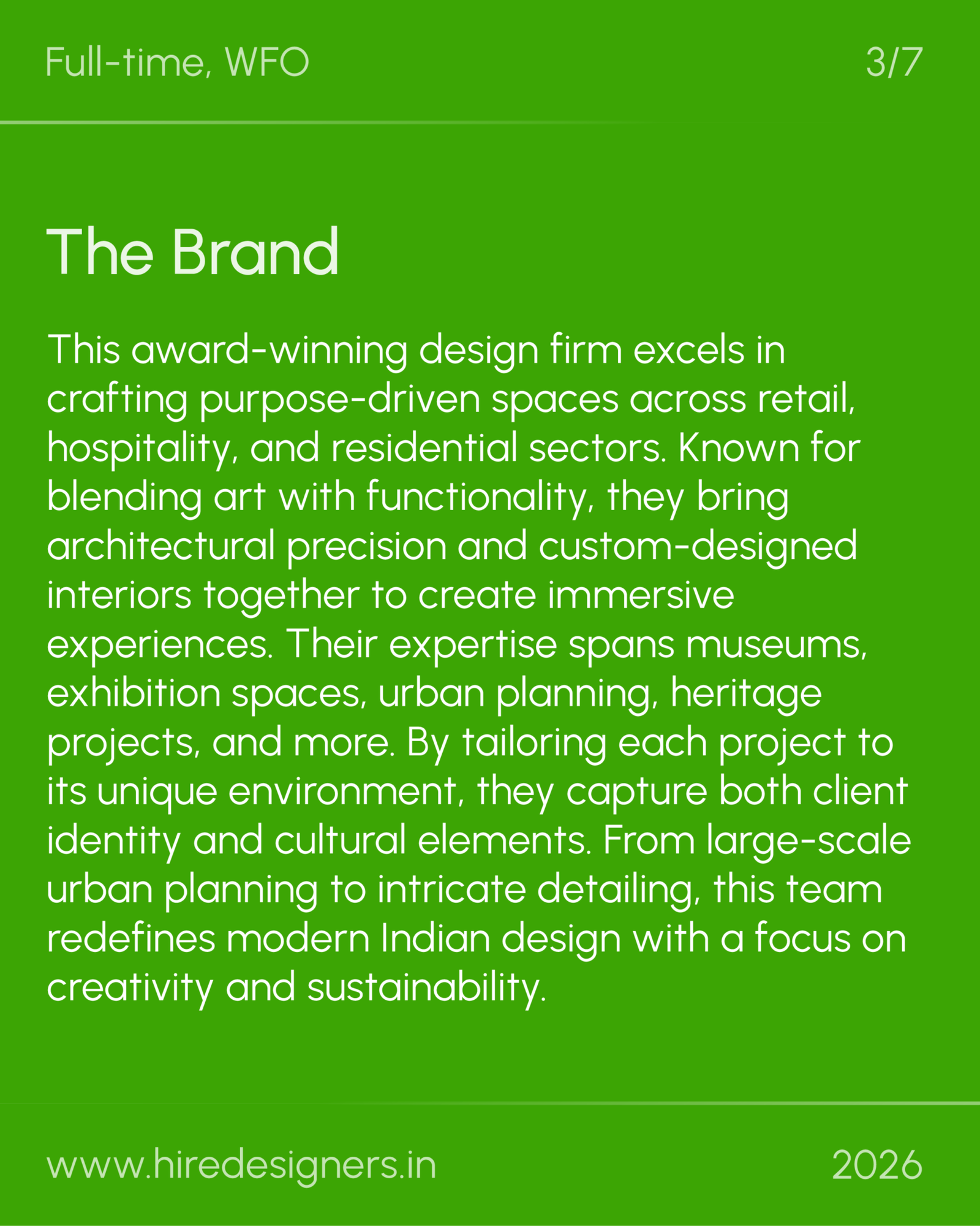 Sr Architect-Noi_19 - Hire Designers Green hero header with large 'The Brand' title and descriptive paragraph, plus the site URL at the bottom on a bold green background.