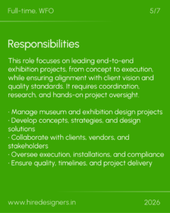 Green slide featuring the word 'Responsibilities' in large white type, a bulleted list of duties, and a footer with 'www.hire designers.in' and '2026'.