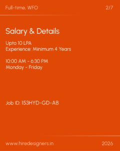 Job posting poster: Full-time, WFO with salary up to 10 LPA; 4+ years experience; hours 10:00 AM–6:30 PM, Mon–Fri; Job ID shown; site www.hireddesigners.in.
