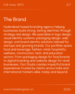Orange slide with large headline 'The Brand' and a long white paragraph about a Hyderabad branding agency; footer shows www.hiredesigners.in and 2026, slide 3 of 7.
