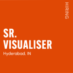 Orange recruitment poster with large white text 'HIRING' vertically on the right and 'VISUALISER' across the lower area; includes website www.hiredesigners.in and location Hyderabad, IN.